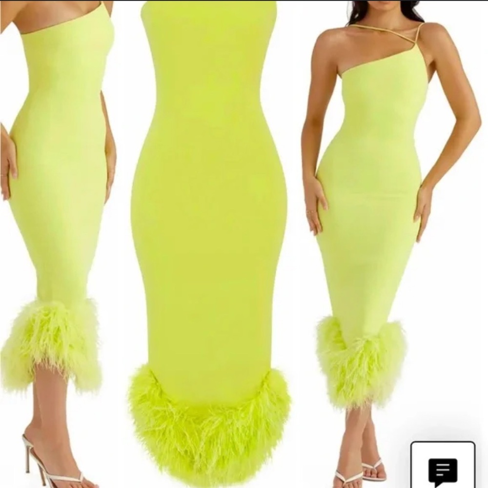 House Of Cb 'Alessia' Green Asymmetric Feather Trim Midi Dress Size S US4-6 $369 - Picture 5 of 10